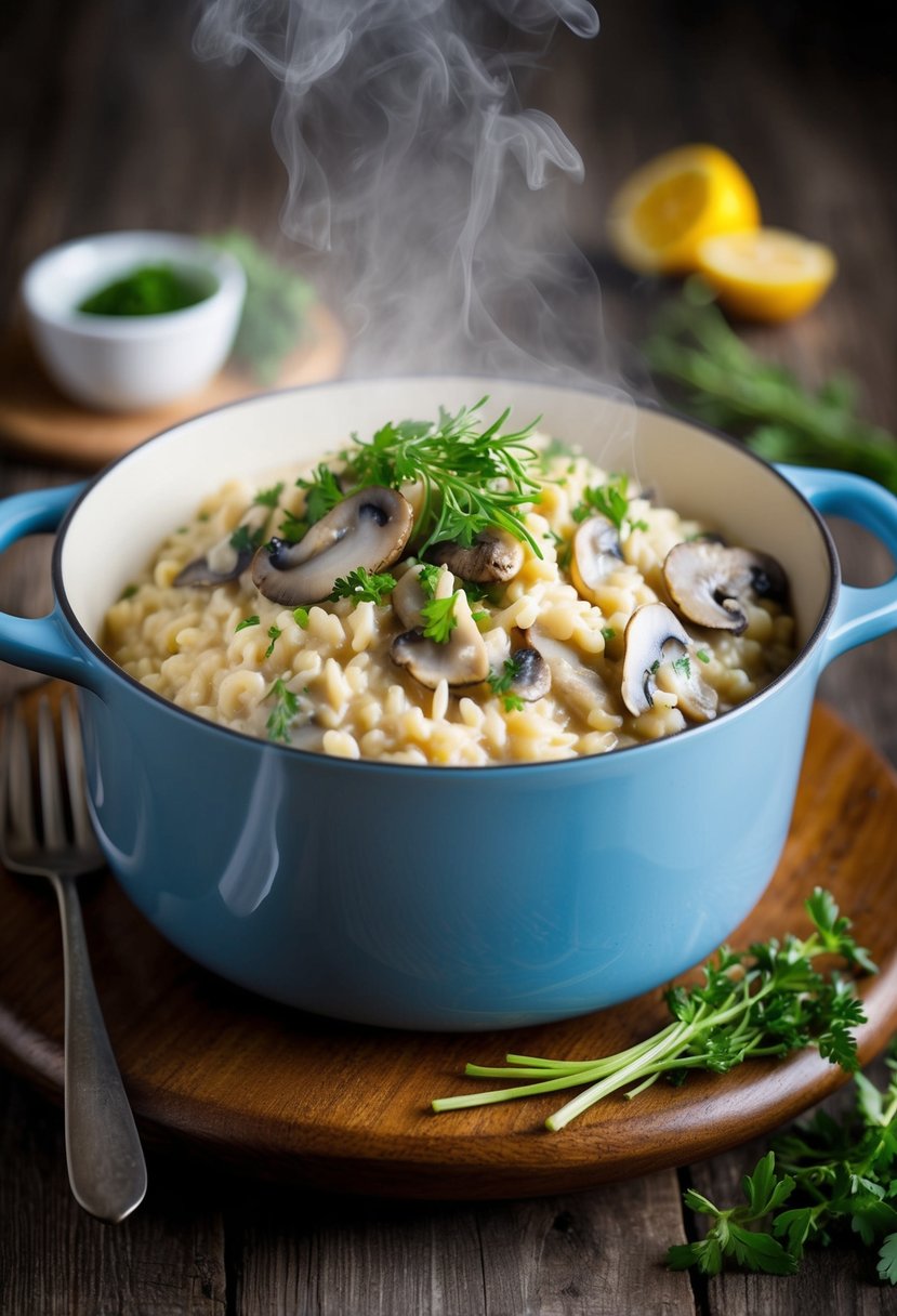 A steaming pot of creamy oyster mushroom risotto, garnished with fresh herbs and served on a rustic wooden table