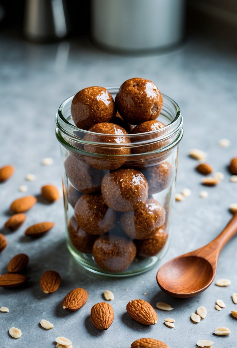 A glass jar filled with almond butter energy bites surrounded by scattered almonds and a wooden spoon on a kitchen countertop