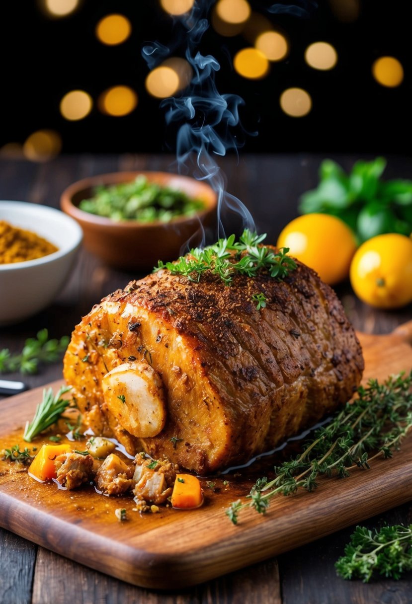 A sizzling Cajun heel roast surrounded by aromatic spices and herbs on a rustic wooden cutting board