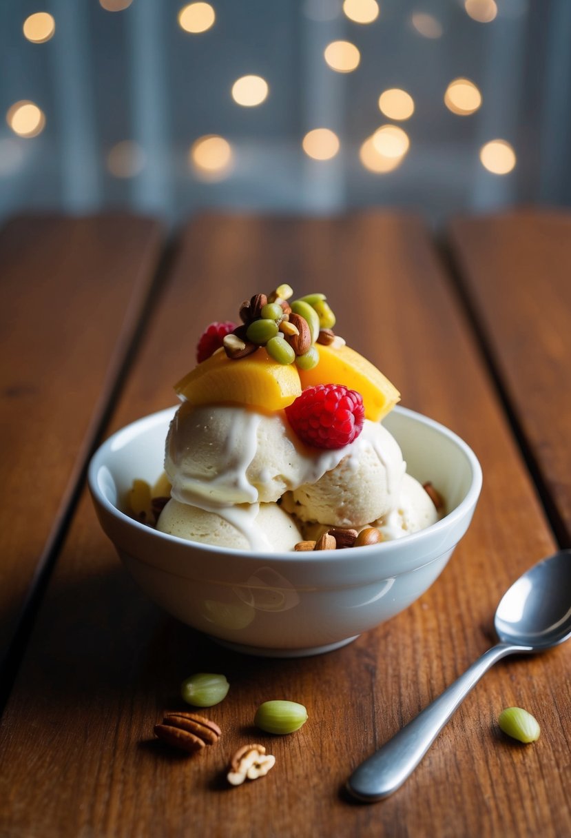 A bowl of banana nice cream topped with fresh fruit and nuts on a wooden table