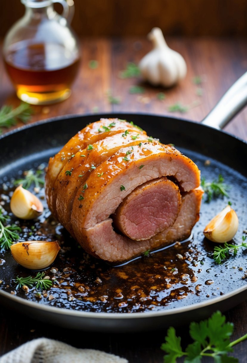 A juicy heel roast sizzling on a hot griddle, surrounded by maple syrup, garlic, and herbs