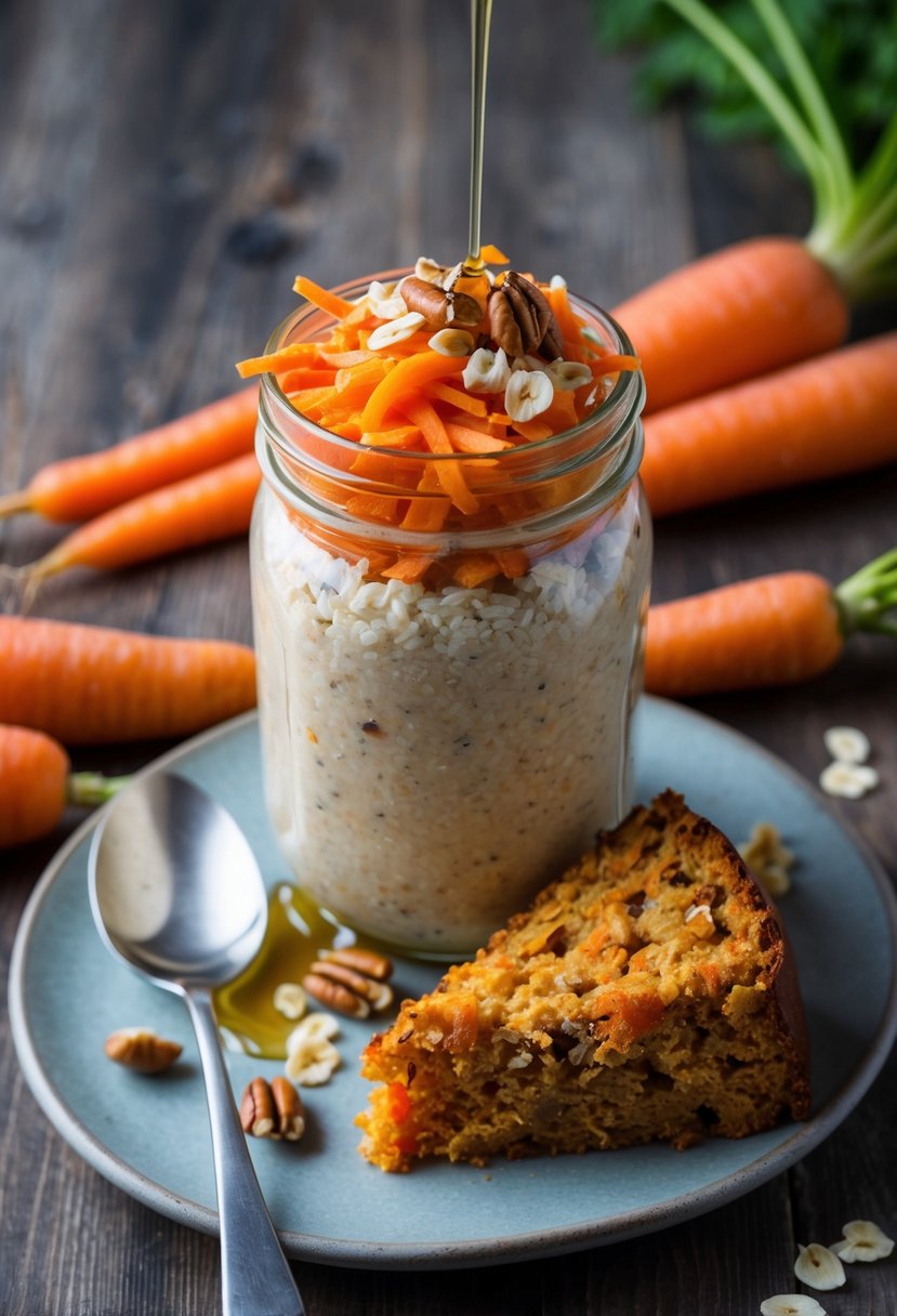 A mason jar filled with creamy oats, topped with shredded carrots, nuts, and a drizzle of honey, surrounded by fresh carrots and a slice of carrot cake