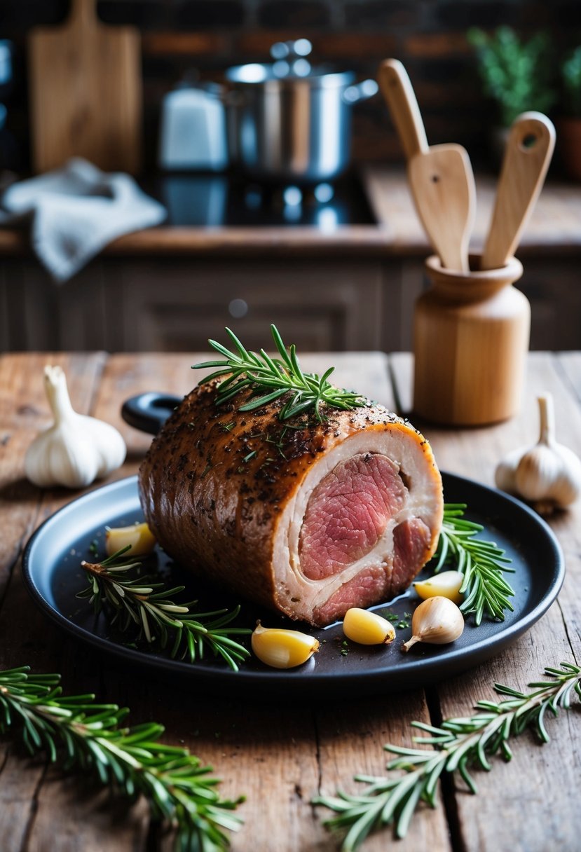 A rustic kitchen table with a platter of Italian-style heel roast surrounded by sprigs of fresh rosemary and garlic cloves