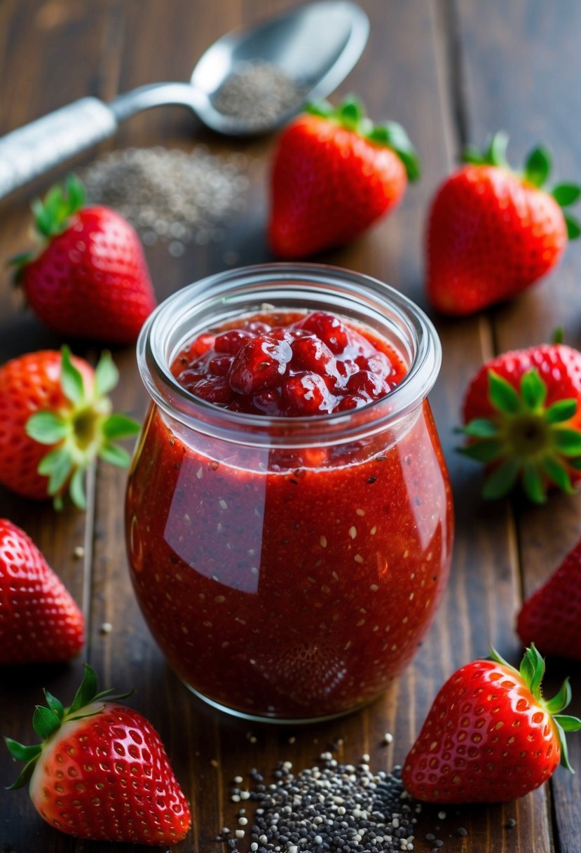 A jar of strawberry chia jam surrounded by fresh strawberries and chia seeds on a wooden table