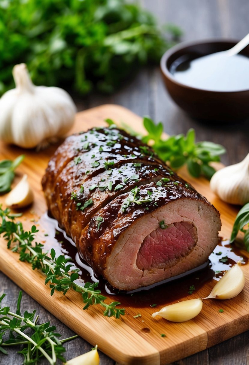 A balsamic marinated heel roast sits on a wooden cutting board surrounded by fresh herbs and garlic cloves