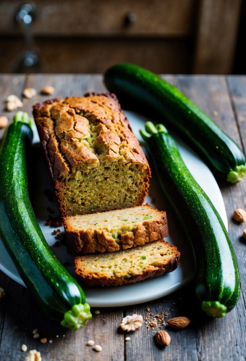 A rustic kitchen table with a freshly baked loaf of zucchini bread surrounded by vibrant green zucchinis and a scattering of nuts and spices