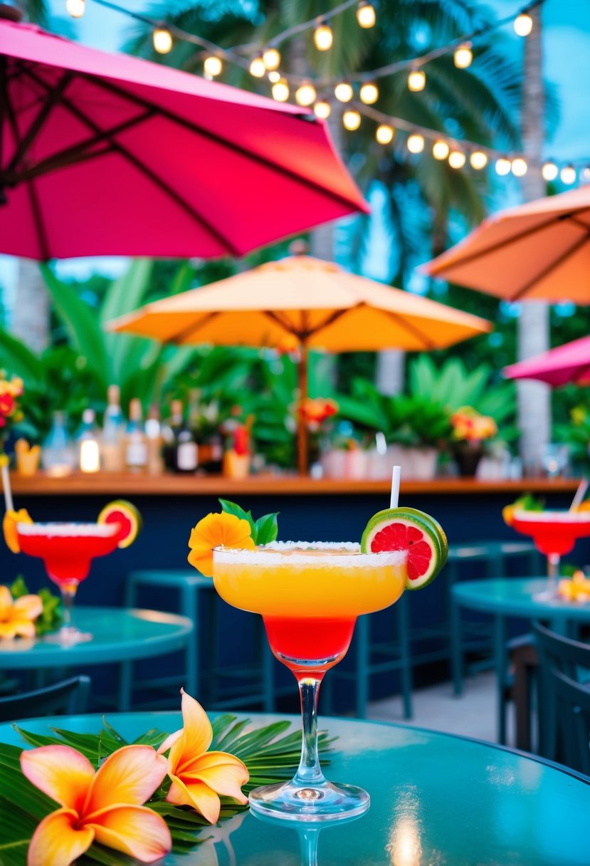 A vibrant outdoor bar with colorful cocktails, fresh fruit garnishes, and decorative umbrellas. Tables are set with tropical flowers and twinkling string lights