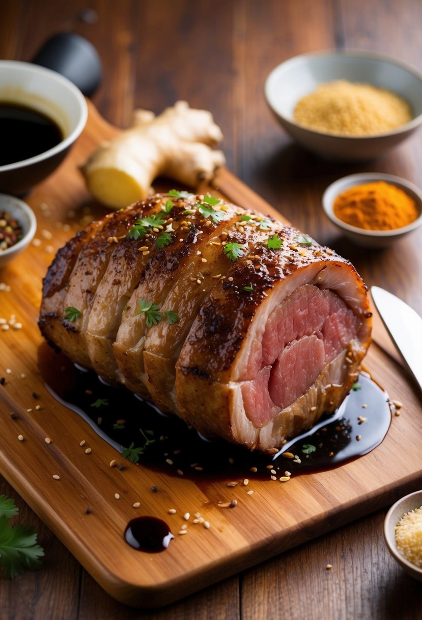 A sizzling heel roast surrounded by soy sauce, ginger, and Asian-inspired spices on a wooden cutting board