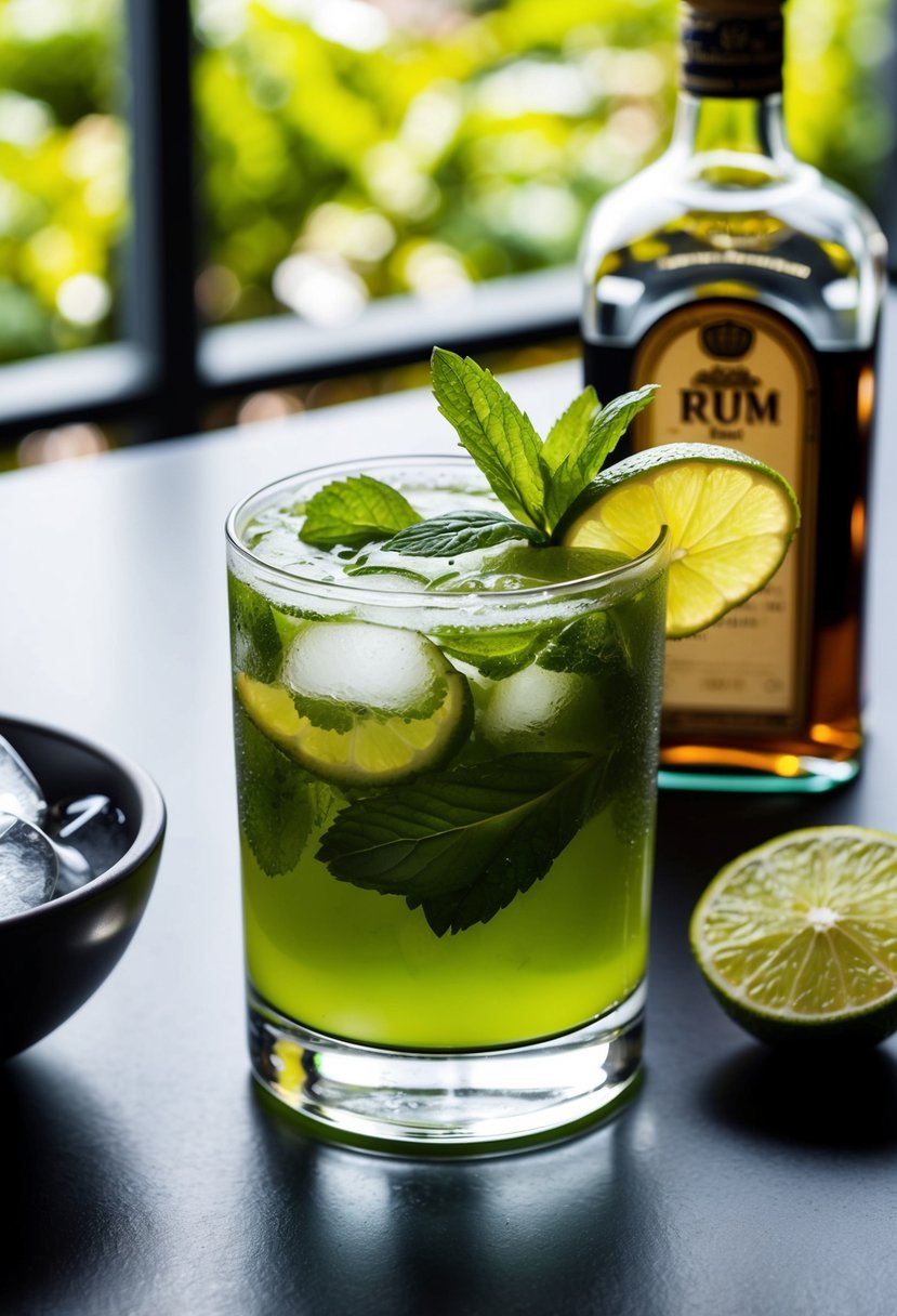 A glass filled with a refreshing green mojito cocktail, garnished with a sprig of fresh mint and a slice of lime, sitting on a table with a bowl of ice and a bottle of rum