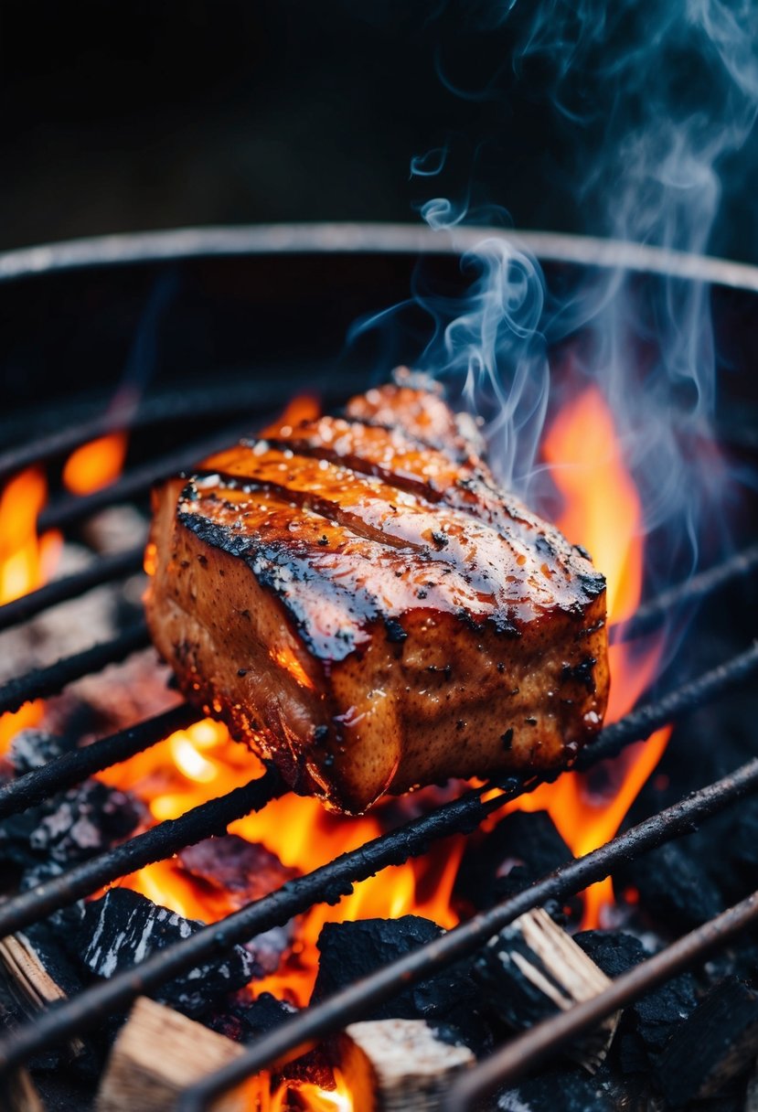 A sizzling heel roast smokes on the barbecue grill, surrounded by charred wood chips and glowing coals