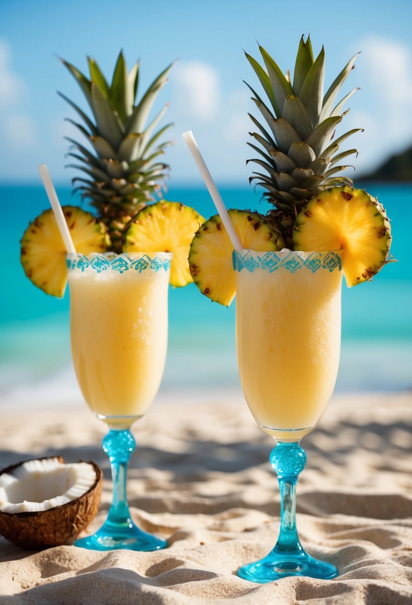 A tropical beach setting with two piña colada cocktails, garnished with pineapple and coconut, served in decorative glasses