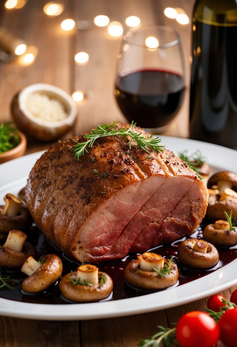 A sizzling heel roast surrounded by red wine and mushrooms