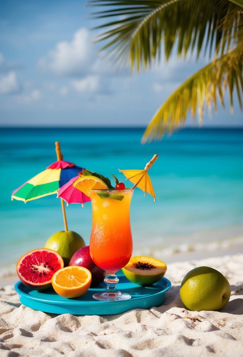 A tropical beach setting with a colorful cocktail surrounded by fresh fruits and decorative umbrellas