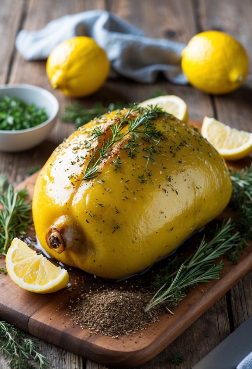 A whole lemon heel roast surrounded by Mediterranean herbs and spices on a rustic wooden cutting board