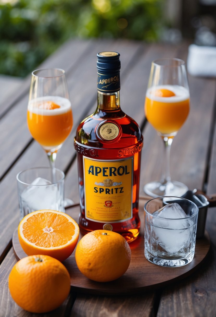 Aperol Spritz ingredients arranged on a wooden table with ice, oranges, and a bottle of Aperol