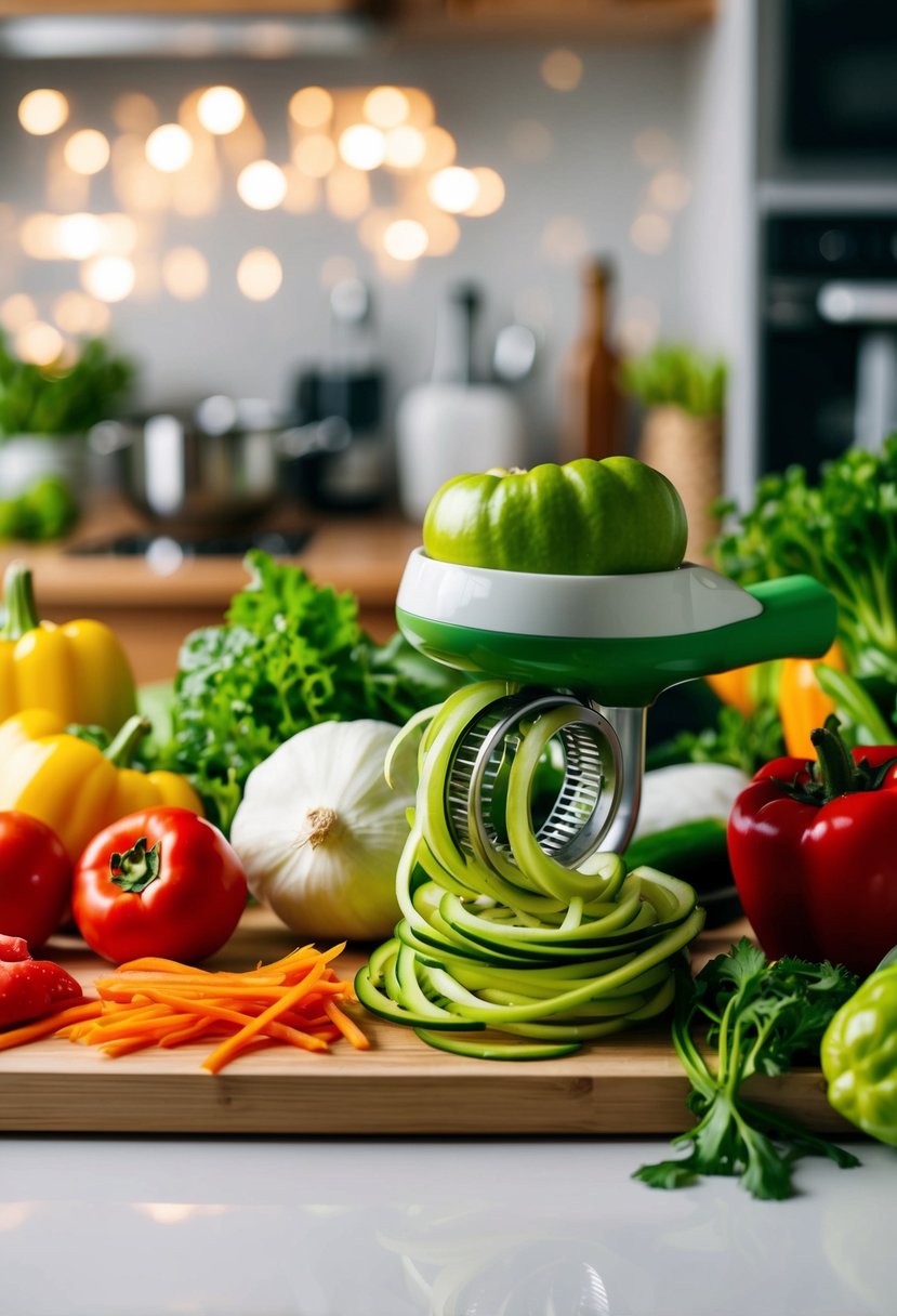 A variety of fresh vegetables and a spiralizer on a kitchen counter