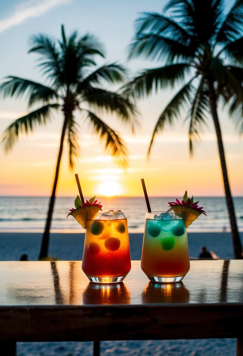 A beachside bar with colorful Mai Tai cocktails, surrounded by palm trees and a sunset over the ocean