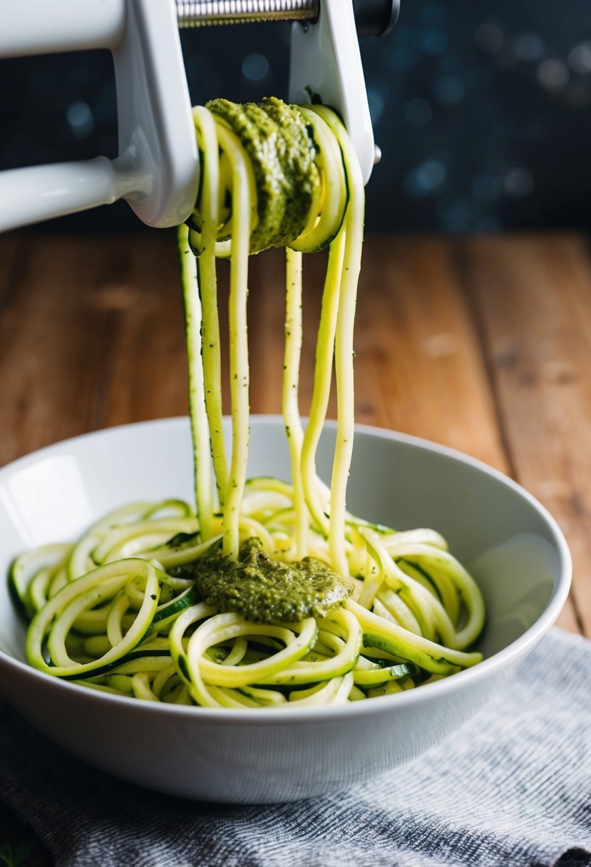 A spiralizer creates long zucchini noodles. Pesto sauce is being drizzled over the noodles in a bowl