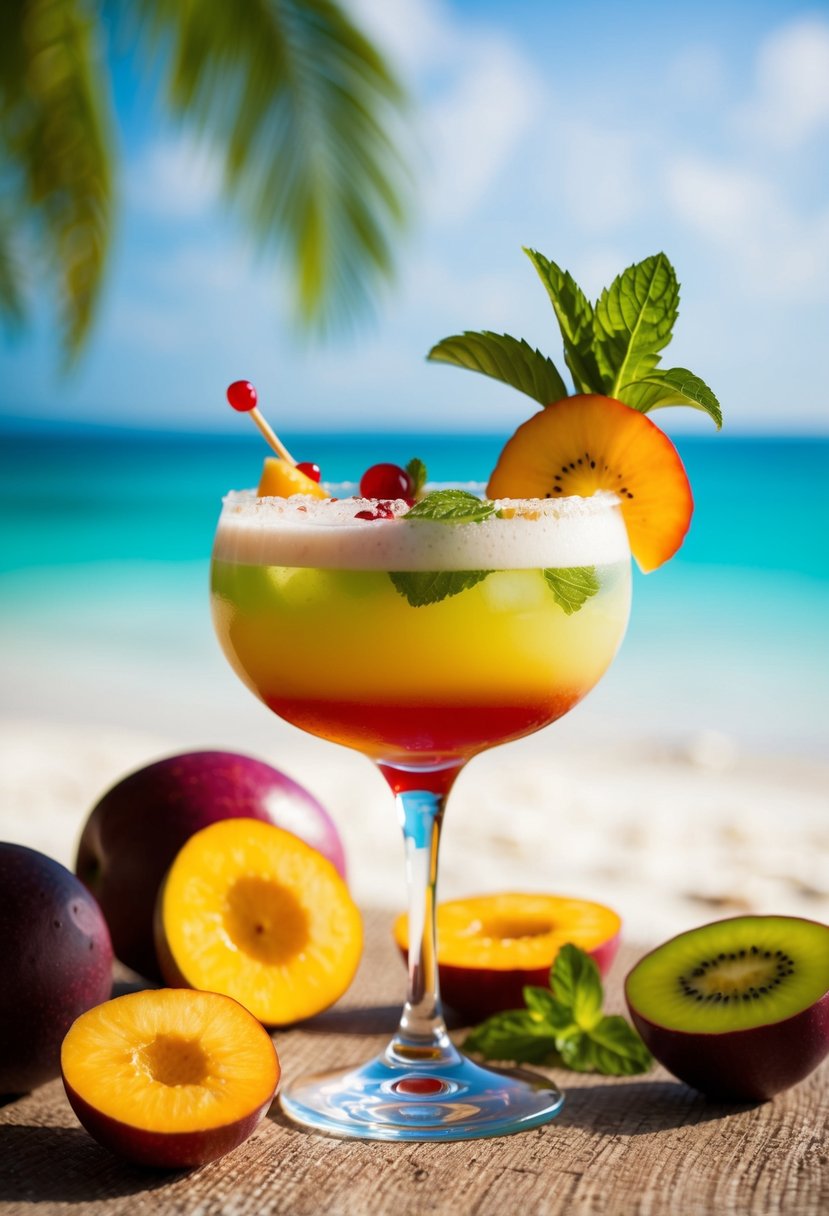 A tropical beach setting with a glass filled with a colorful daiquiri cocktail, surrounded by slices of fresh fruit and a sprig of mint