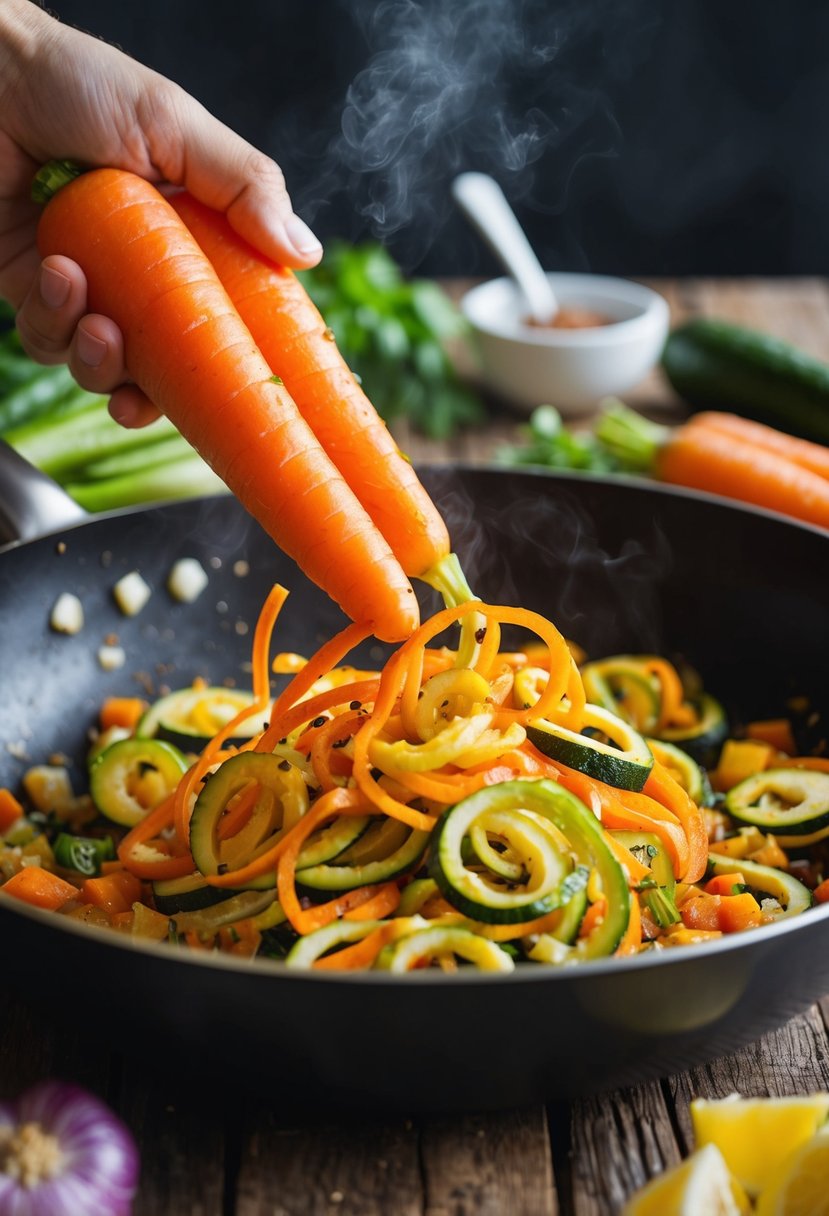 Fresh carrots and zucchinis being spiralized and stir-fried in a sizzling pan with colorful vegetables and aromatic spices