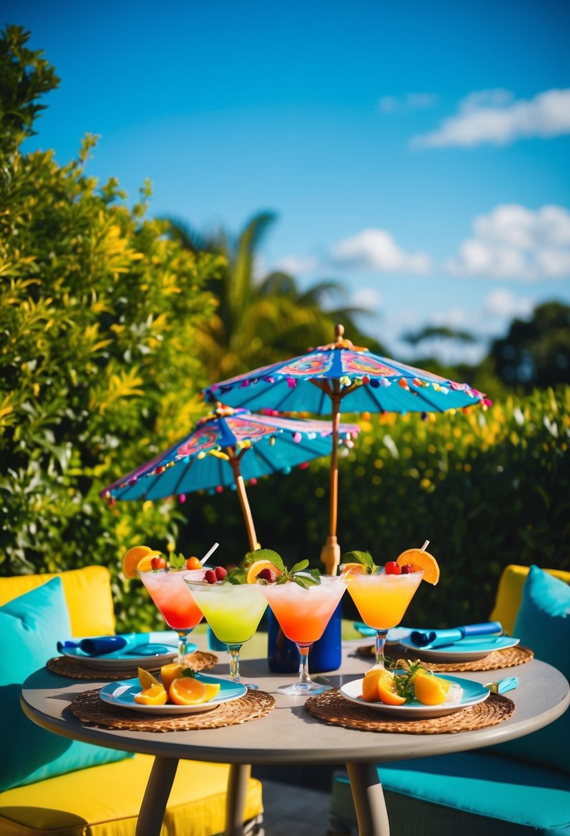 A vibrant outdoor scene with a table set with colorful cocktails, fresh fruit, and decorative umbrellas, surrounded by lush greenery and a sunny blue sky