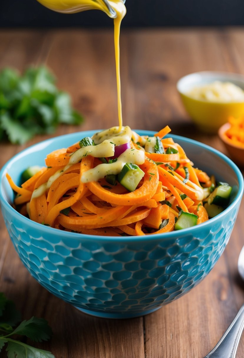 A colorful bowl of spiralized sweet potatoes, mixed with fresh vegetables and drizzled with a vinaigrette dressing