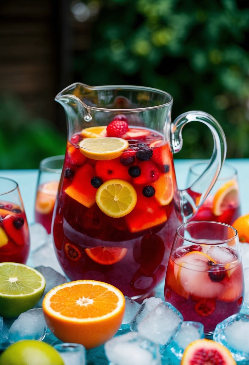 A colorful pitcher of sangria surrounded by fresh fruit and ice