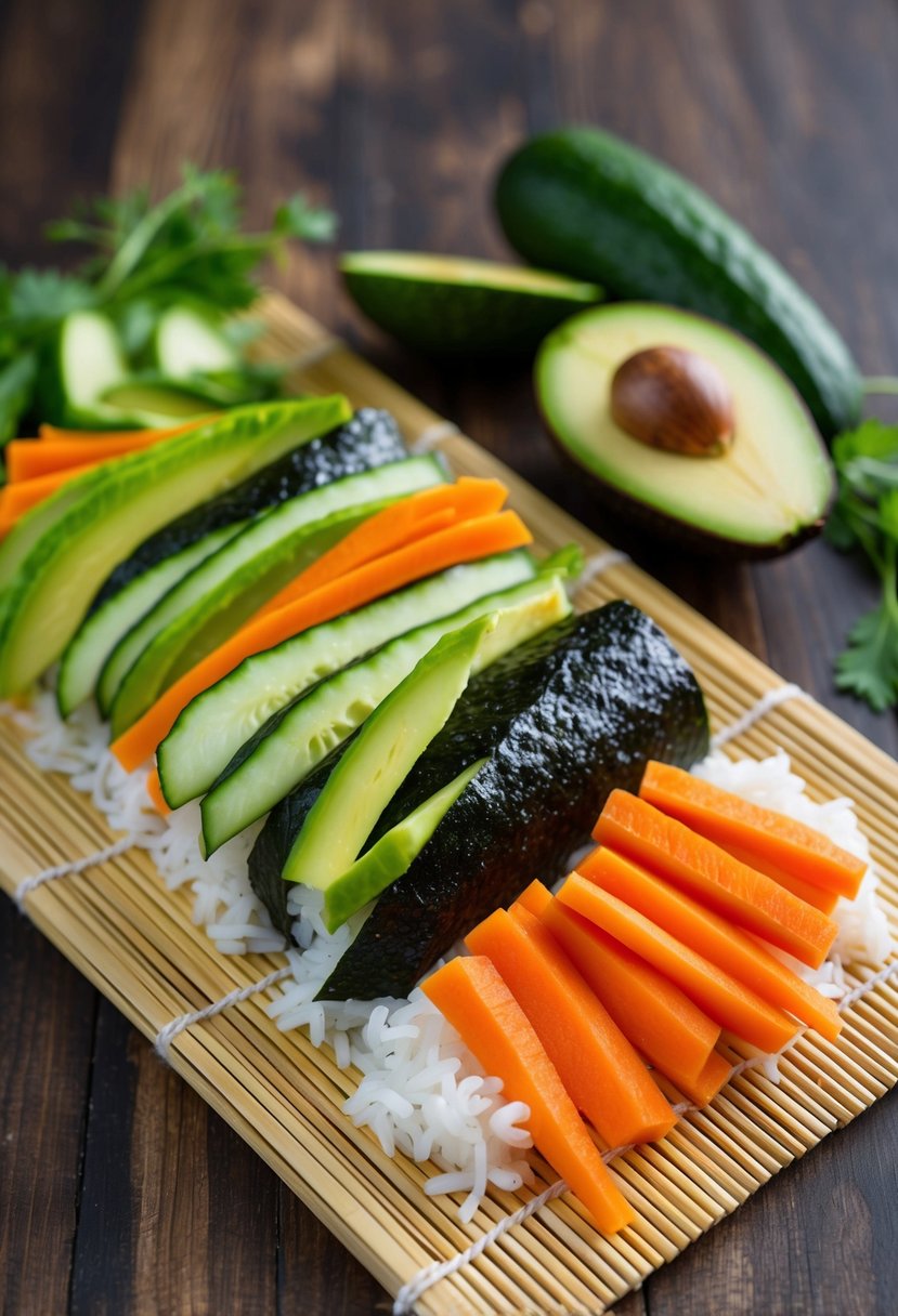 Fresh cucumber, carrots, and avocado sliced into thin strips and arranged on a bamboo mat with rice and nori, ready to be rolled into veggetti sushi