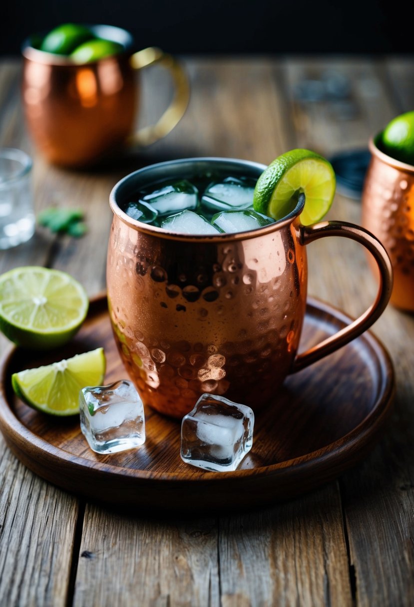 A copper mug filled with Moscow Mule cocktail surrounded by lime slices and ice cubes on a rustic wooden table