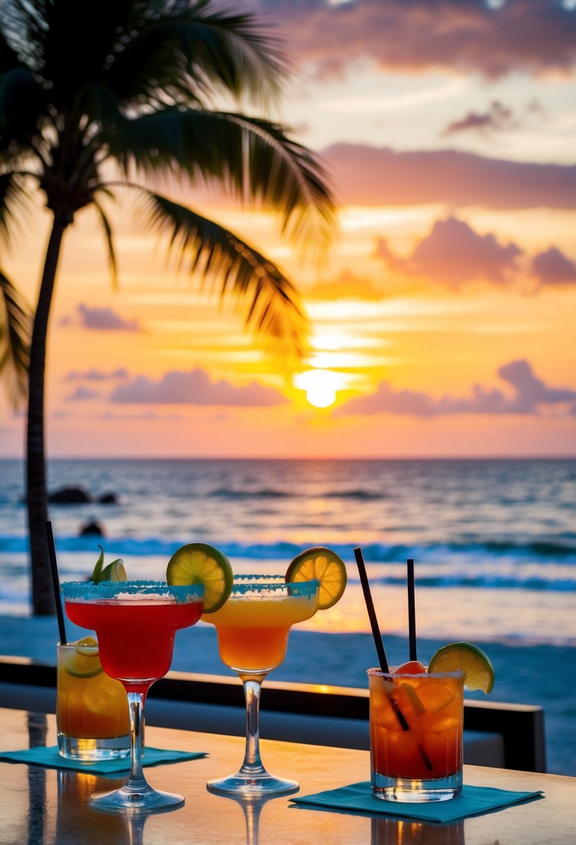 A beachside bar with colorful Tequila Sunrise cocktails, surrounded by palm trees and a vibrant sunset over the ocean