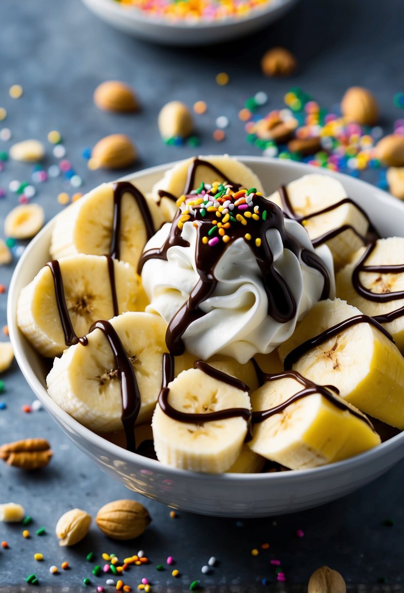 A bowl of sliced bananas topped with whipped cream and drizzled with chocolate sauce, surrounded by scattered nuts and sprinkles