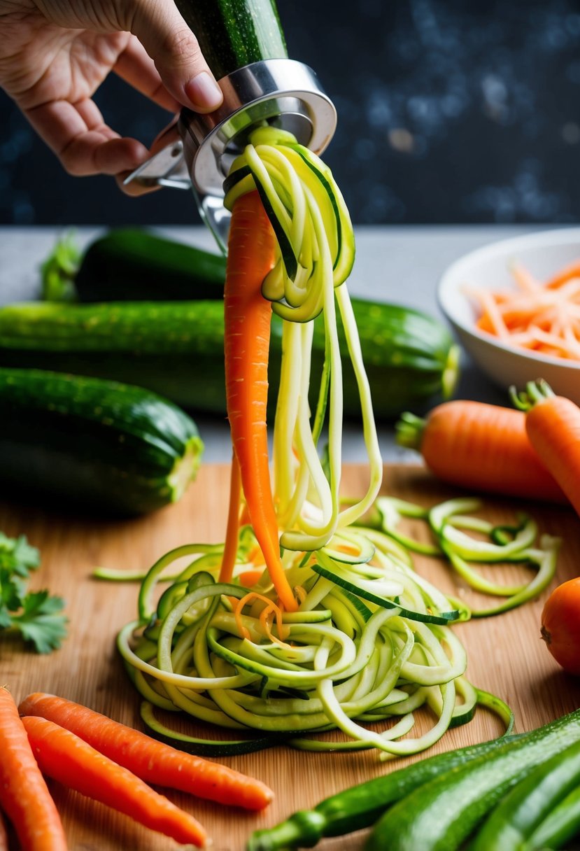 A colorful array of fresh vegetables, including zucchini and carrots, being spiralized into thin strands for a vegan Veggetti Pad Thai recipe