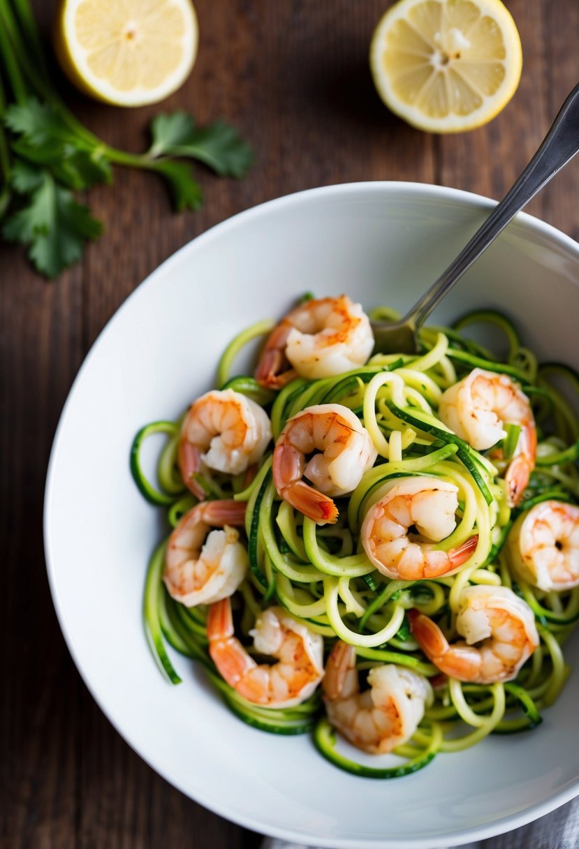 A bowl of Lemon Garlic Veggetti Shrimp with fresh vegetables and spiralized zucchini noodles