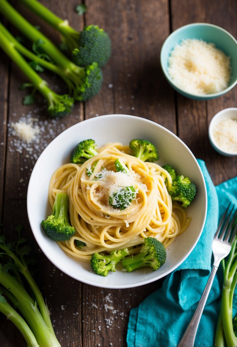 A steaming bowl of Veggetti Alfredo with broccoli sits on a rustic wooden table, surrounded by vibrant green vegetables and a sprinkle of parmesan cheese