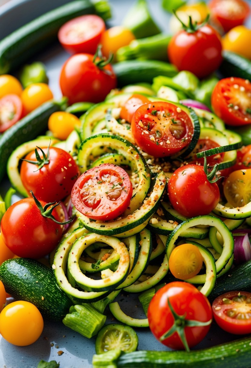 A colorful array of fresh vegetables and spiralized zucchini, tossed with vibrant red tomatoes and sprinkled with spicy seasoning