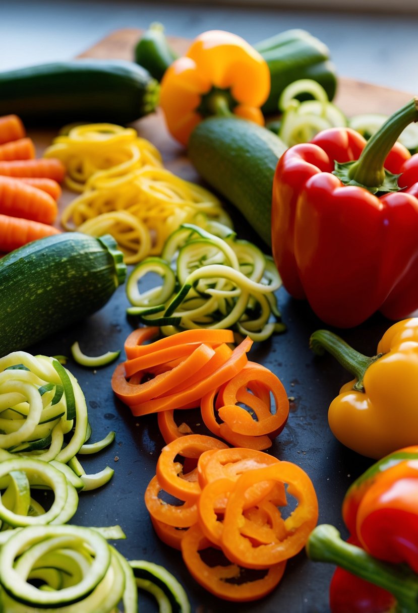 A colorful array of spiralized vegetables, including zucchini, carrots, and bell peppers, arranged on a cutting board