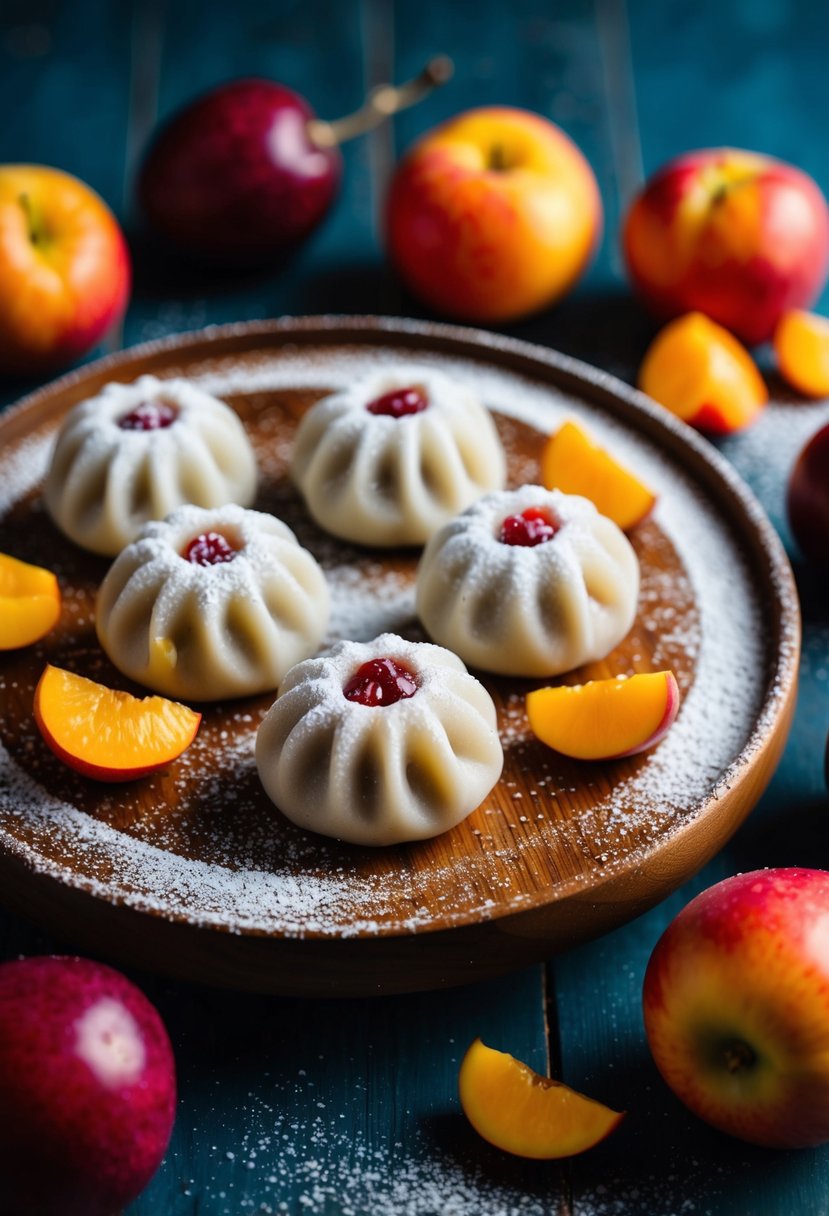 Freshly steamed fruit dumplings arranged on a wooden serving platter, surrounded by vibrant, ripe fruits and a sprinkle of powdered sugar