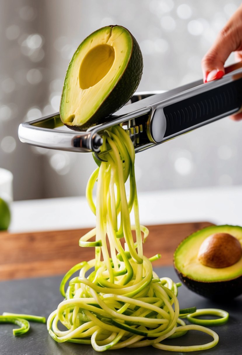 A ripe avocado being spiralized into veggetti noodles