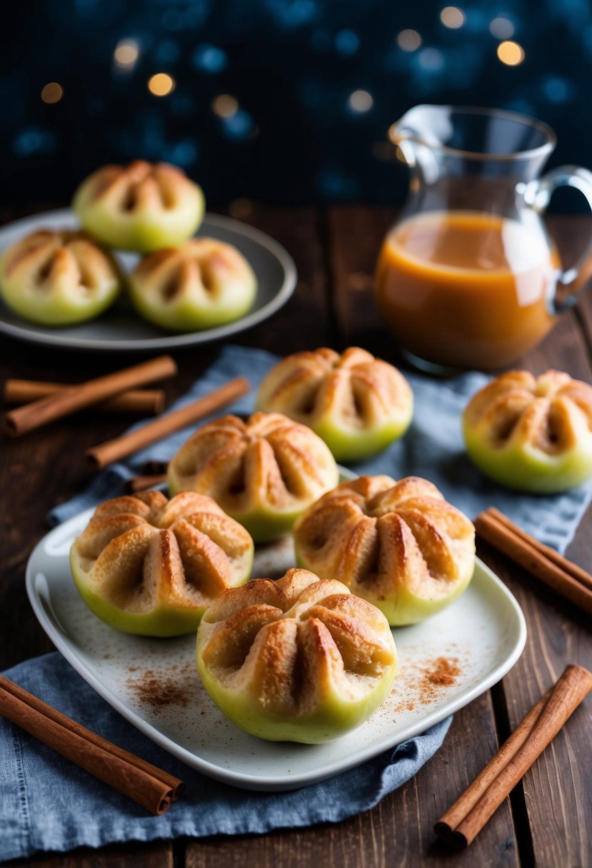 A table set with freshly baked apple dumplings, surrounded by cinnamon sticks and a pitcher of caramel sauce