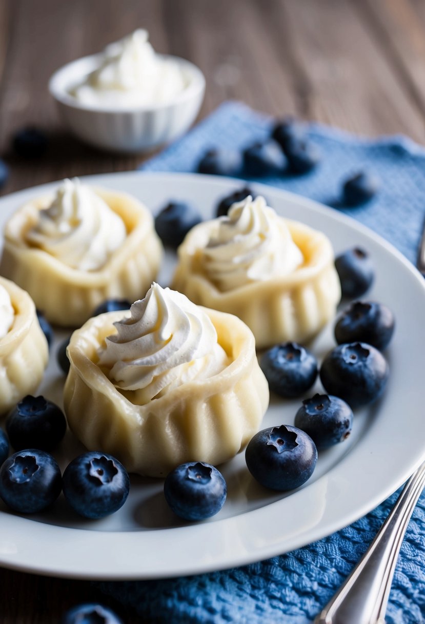 A plate of blueberry cream cheese dumplings surrounded by fresh blueberries and a dollop of whipped cream