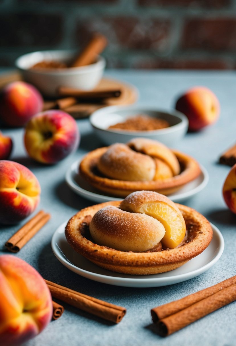 A table set with freshly baked peach cinnamon pockets surrounded by scattered fruit and cinnamon sticks