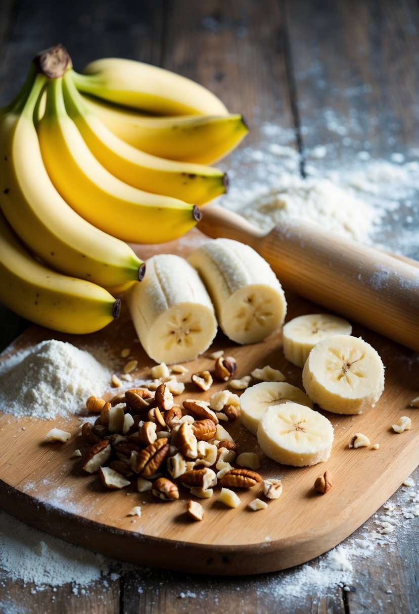 Ripe bananas, chopped nuts, and dough on a wooden cutting board, surrounded by scattered flour and a rolling pin