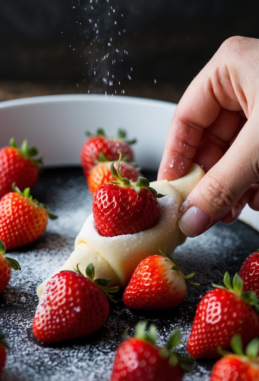 Fresh strawberries being wrapped in dough, then steamed and dusted with powdered sugar