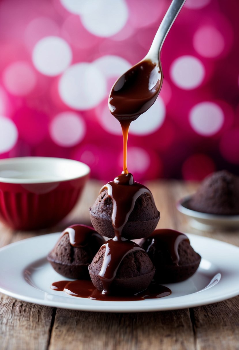 Dark chocolate raspberry dumplings being drizzled with sauce on a white plate