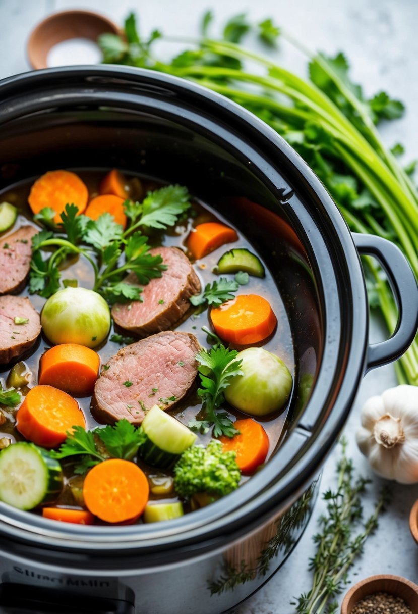 Fresh vegetables and lean meats simmering in a slow cooker, surrounded by herbs and spices