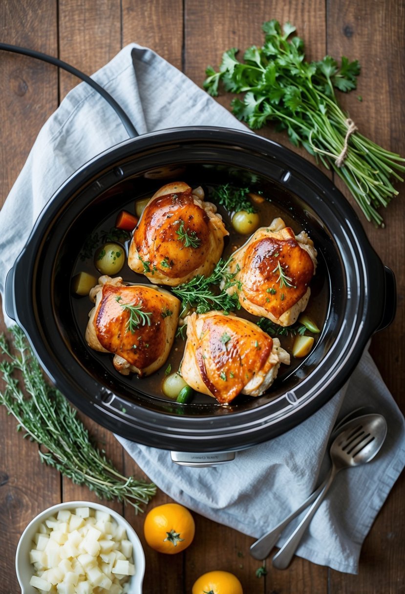 A slow cooker filled with balsamic chicken surrounded by fresh herbs and vegetables