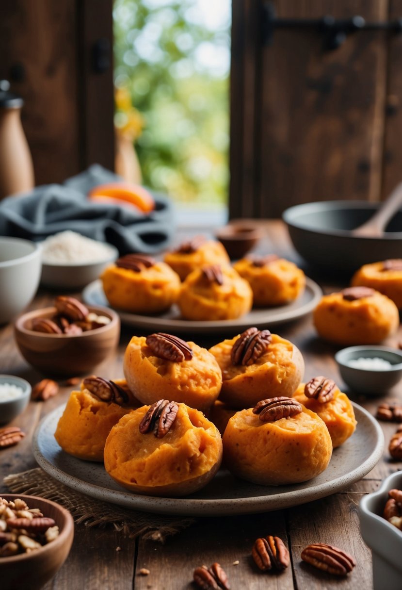 Sweet potato and pecan dumplings being prepared in a rustic kitchen setting, with ingredients scattered around and a warm, inviting atmosphere