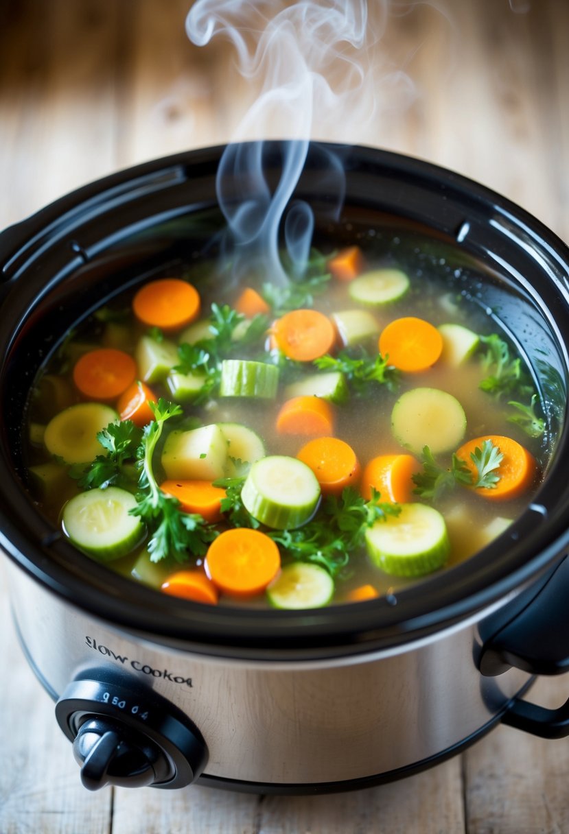 A simmering pot of low-calorie vegetable soup in a slow cooker. Colorful vegetables float in a clear broth, steam rising