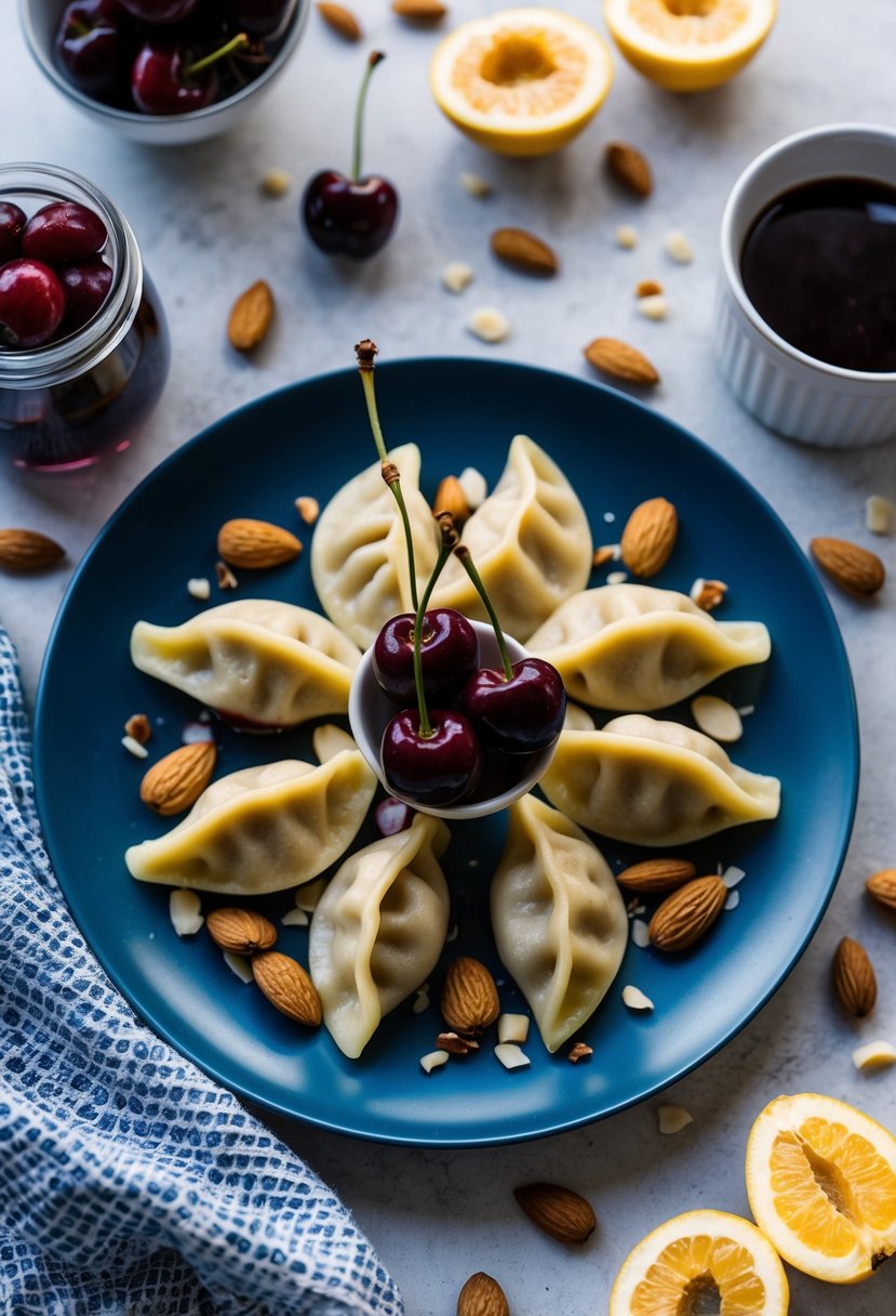 A table set with a plate of cherry almond bliss dumplings surrounded by scattered fruit and almond pieces