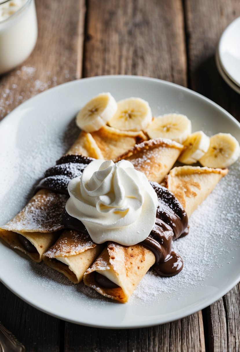 A plate of freshly made banana and Nutella crepes, topped with a dollop of whipped cream and a sprinkle of powdered sugar, sits on a rustic wooden table